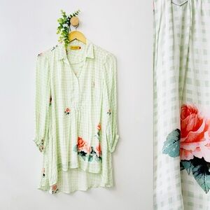 Benares Light Green Plaid Floral Tropical Romantic Blouse